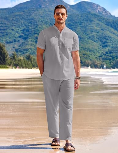 COOFANDY Men's 2 Pieces Cotton Linen Set Casual Short Sleeve Henley Shirts Beach Yoga Pants Summer Outfits - image 7