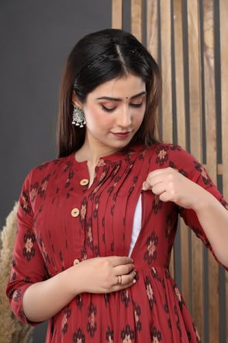 Image of Women's Cotton Floral Printed Maternity Dress Kurti with Feeding Zipper Maternity Gown for Women Feeding Dress