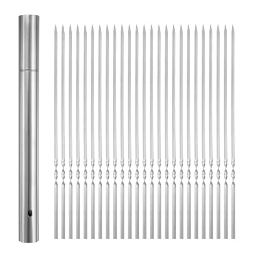 QUARKZMAN 50 piezas de Brochetas de Metal 30cm x 2.8mm Palitos Planos de Acero Inoxidable Reutilizables para Barbacoa al Aire Libre con Tubo de Almacenamiento para Carne, Camarones