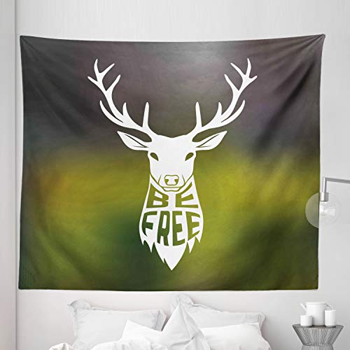 Ambesonne Hunting Tapestry King Size, Deer Head With Horns Concept Art Be Free Phrase Stag Free Nature, Wall Hanging Bedspread Bed Cover Wall Decor, 104" X 88", Multicolor #TOP14