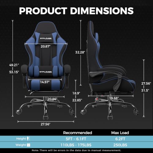 Image of GTPLAYER Gaming Chair, Computer Chair with Footrest and Lumbar Support, Height Adjustable Game Chair with 360-Swivel Seat and Headrest and for Office or Gaming (Blue, Fabric)