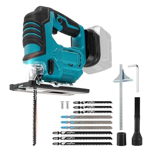 Sierra caladora inalámbrica compatible con batería Makita de 18 V, herramienta de corte de sierra de calar sin escobillas de 500 W con ángulo de corte biselado de ± 45°, 9 cuchillas de sierra de calar