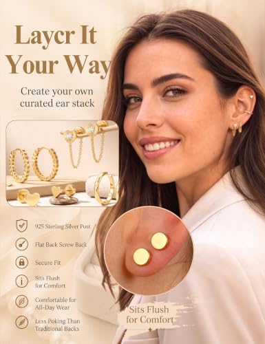925 Sterling Silver Post Heart Earrings Stack for Women, 16K Gold Plated Stud Ear Cuff Hoop Chain Set Hypoallergenic Cartilage Dainty Gold Earrings for Sensitive Ears Womens Jewelry Gift - 2