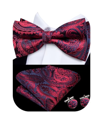 Image of Hi-Tie Bow Tie Men Pre Tied Bowtie Pocket Square Cufflinks Lapel Pin Formal Wedding Bow Ties for Men Party Tuxedo Bowtie Set,Navy Blue Red Paisley Floral