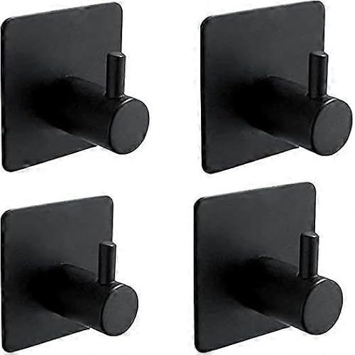 JOYHAPPST Dww-Pack of 4 Black Stainless Steel Adhesive Hooks, Bathroom Wall Mount, Kitchen Towel Hooks, No-Drill Aisle, Self-Adhesive Stainless Steel Hooks