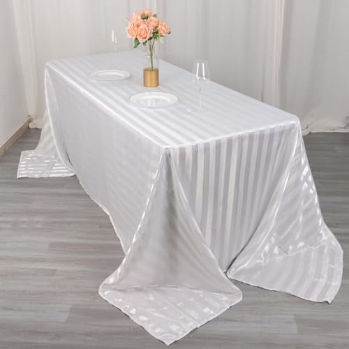 Efavormart 90\"x132\" White Satin Stripe Seamless Rectangular Tablecloth - Thumbnail 3