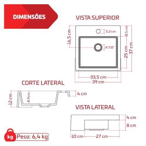 Cuba Pia De Semi Encaixe Branca Quadrada 39x37cm Quartzo Para Banheiro Beltempo