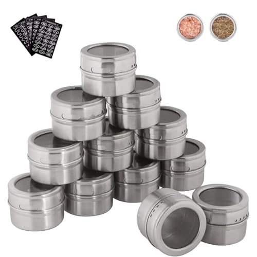 Kingmate 12 Stück (Primärfarbe) Gewürzdosen Magnetisch Edelstahl Gewürze Spice Jars, 96 Gewürzetiketten & 24 Blankoetiketten, Gewürzregal Gewürzdosen Set Glas Magnetisch Gewürz Spice Box