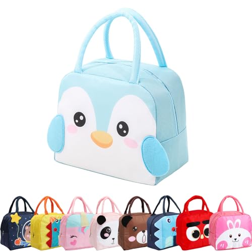 Runmeihe Bolsa Nevera Pequeña Para Niños Niñas Niños Estudiantes, Lunch Bag Reutilizable con Aislamiento,Pequeñas Bolsas de Almuerzo Impermeables Plegables (Light Blue Penguin)