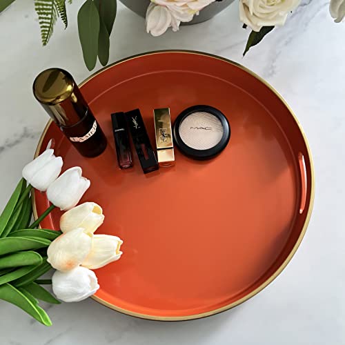 Henilosson 13" Orange Round Tray, Orange Serving Tray With Handles, Modern Round Decorative Tray For Coffee Table, Plastic Tray For Makeup, Bathroom, Decor (Orange+Gl) #TOP4