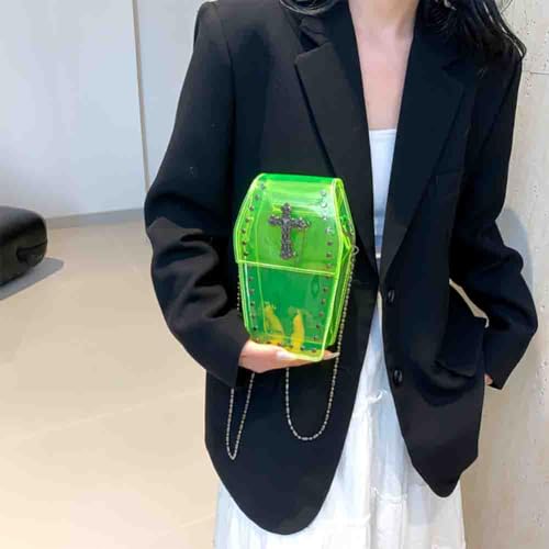 Image of Gothic Rivet Coffin Shape Crossbody Bag, Women's Studded Cross Transparent Shoulder Bag, Novelty Vintage Punk Phone Purse