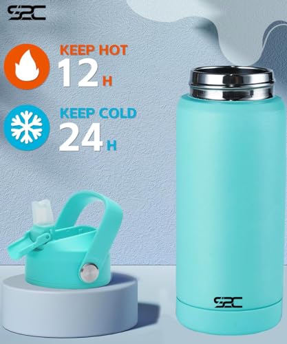 زجاجة مياه معزولة للأطفال من S2C LittleZen - 550 مل / 18 أونصة من الستانلس ستيل خالية من BPA مع غطاء علوي قلاب مقاوم للتسرب بماصة - ألوان باستيلية لطيفة للمدرسة والرياضة والسفر (أخضر)