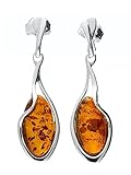 Sterling Silver Teardrop Baltic Honey Dangly/Dangle Drop Amber Earrings for Women/Ladies/Girls - 925 Sterling Silver - Unusual Fancy Cognac Amber Jewellery. 080436 - Image 1