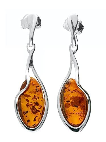 Sterling Silver Teardrop Baltic Honey Dangly/Dangle Drop Amber Earrings for Women/Ladies/Girls - 925 Sterling Silver - Unusual Fancy Cognac Amber Jewellery. 080436