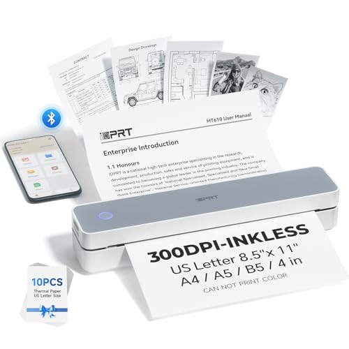 iDPRT Portable Printer Wireless for Travel - Bluetooth Mobile Printer Support for 8.5"x11" US Letter, Inkless Compatible with iOS, Android, Laptop for Office, Car and Home (300DPI, White) Wh