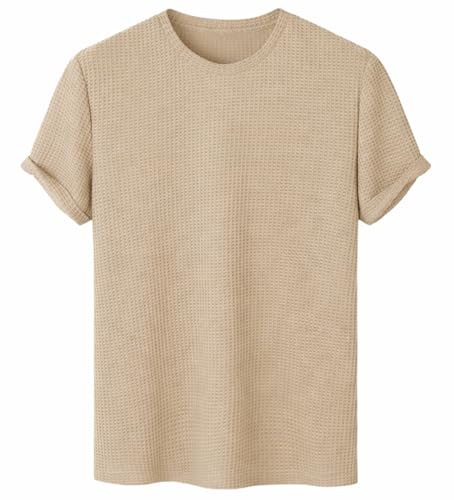 Image of London Hills Men's Waffle Textured T-Shirt | Solid Regular Fit Round Neck Half Sleeve Casual Wear Tee | Soft, Breathable & Lightweight Fabric