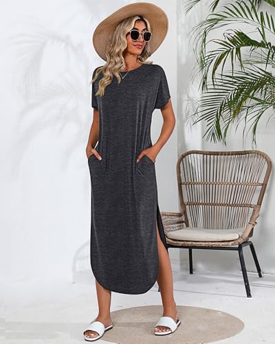 Image of Riyiper 2 Pieces Women's Short Sleeve Maxi Dress Round Neck Casual Loose Split Long Summer Beach Shirt Dress with Pockets (Dark Gray, Army Green,Medium)