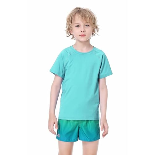 EXARUS Youth Boys Rash Guard Swim Shirts Short Sleeve Sun Shirts Lightweight Quick Dry UPF 50+ with Back Zip Pocket 12 Years Sxlight Green