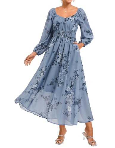 GRACE KARIN Fall Long Sleeve Floral Wedding Guest Maxi Dress Grey Blue S