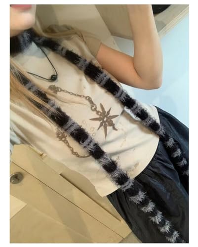 Y2k Striped Scarf Long Skinny Fuzzy Neckerchief Belt Fluffy Scarves Acubi Grunge Accessories Alt Emo Scene Streetwear2