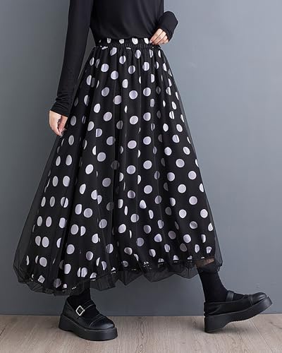 ellazhu Women's Skirt Wide Legs Elastic Waist Flowy Ruffle Hem Print Loose Oversize Fall GZ2472