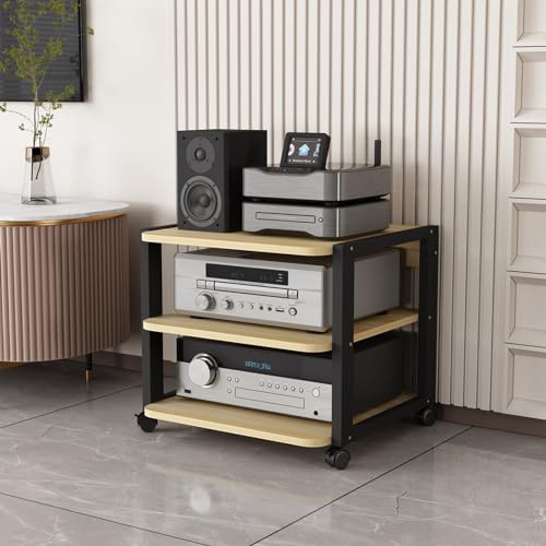 3-Tier AV Media Players Stand Movable Wooden Shelves Corner TV Stand Amplifier Rack Audio Stand Stereo Component Cabinet Multi-Function Open Storage Shelf for Home/Office/Theater (Color : A)