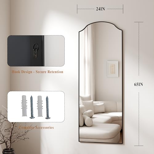 Image of BEAUTYPEAK Full Length Mirror, Full Body Mirrors with Unique Arched Design, 65 inchx24 inch Floor Mirror with Aluminum Alloy Frame, Standing Hanging or Leaning for Bedroom and Living Room, Black