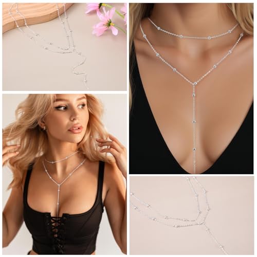 Drop Lariat Chain for Women, Dainty Layered Long Gold/Silver Necklaces Trendy Tassel Beaded Y Shaped Necklace Teardrop Jewelry Gifts for Ladies Mother Wife3