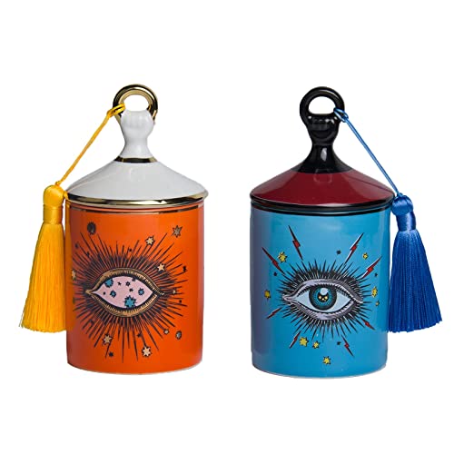 ROTOOY Portavelas de incienso de cielo estrellado con ojo rayo, portavelas de cerica, tarro de aromaterapia, tarro de joyer de bricolaje, tarro de almacenamiento de hisopos de algod (azul y naranja) Cover