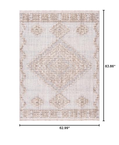 Image of Hauteloom Aria Modern Moroccan Medallion Farmhouse Living Room, Bedroom Area Rug - High Low - High Pile Carpet - Cream, Beige, Brown, Beige - 5'3 inch x 7'