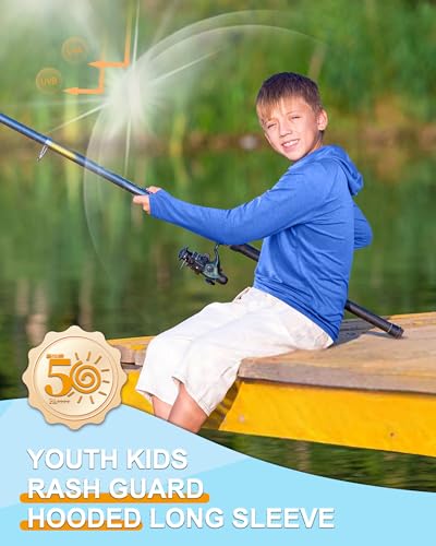 Image of Roadbox Boys Rash Guard UPF 50+ Sun Hoodie Kids Fishing Shirt Long Sleeve