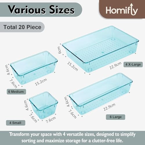 Image of HOMIFLY 20 Piece Unbreakable Drawers Organisers /Multipurpose Drawer Organizer Tray /Storage Box for Dressing Table /Makeup Organiser Tray /Storage Bins For Bathroom /Kitchen (Seablue)