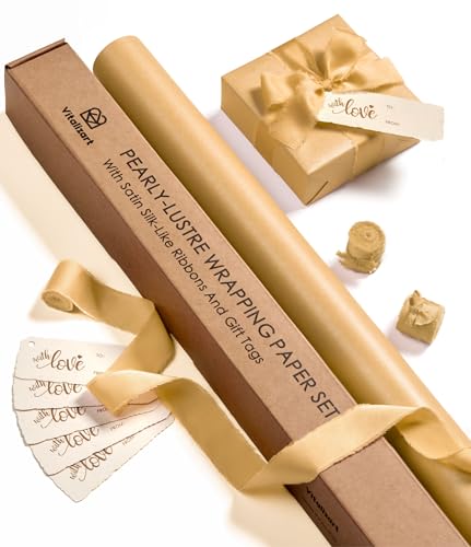 Vitalizart Gold Wrapping Paper Set 30" Pearly-Lustre Ribbons & Gift Tags