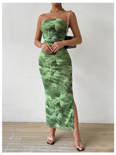 Image of Milumia Women's Printed Strapless Tube Top Maxi Dress Slit Hem Sleeveless Bodycon Wedding Guest Party Long Dresses Olive Green X-Large