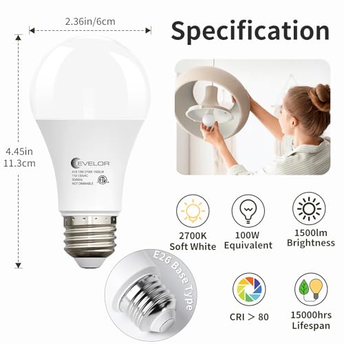 Image of evelor A19 LED Light Bulbs,100 Watt Equivalent 2700K Soft White Efficient 13W,1500 Lumens E26 Base, Non-Dimmable, 15000-Hour Lifespan for Bedroom, Living Room, Office, 6-Packs