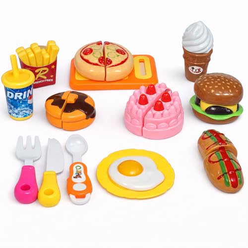 Image of PLUSPOINT Pretend Play Fast Food Set, 14pc Play Food for Kids with Take Apart Burger and Hot Dog Plastic Toys Food, Play Kitchen Accessories Role Play Toys Christmas Birthday Gift for Kids Toddlers