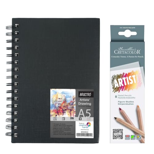 Image of BRUSTRO Artists' Sketch Book Wiro Bound, Size A5 (5.8x8.3 in), 160 GSM, 116 Pages with Cretacolor Studio Line Pastel Pencil Set of 8, Figure Study Basics (Assorted) | Ideal for Sketching,Drawing
