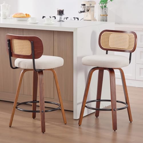 Image of Counter Height Bar Stools Set of 2, 26 inch Swivel Bar Chairs with Curved Rattan Back, Linen Upholstered Seat, Walnut Craftsmanship, Mid Century Modern Counter Stools for Kitchen Counter, Beige