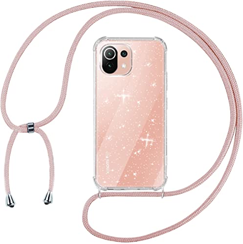 Tikgue Funda con Cuerda para Xiaomi Mi 11 Lite 4G / 5G / 5G NE, Carcasa Glitter Brillante Transparente TPU Suave Silicona Capa con Colgante Ajustable Collar Correa de Cuello Colgar Cordón - Oro Rosa Cover