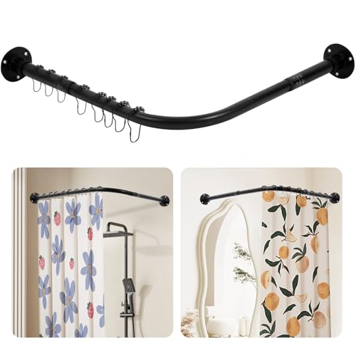 Anndason Corner Shower Curtain Rod [24-53] x [24-53] Adjustable L Shaped 90 Degree Black Rod With 12 Ring Hooks & Ceiling Support for Bathroom