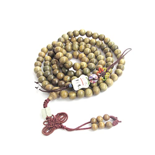 8mm Buddhist 108 Green Sandalwood Beads Prayer Wrist Meditation Mala with Free Fortune Cat Pendant