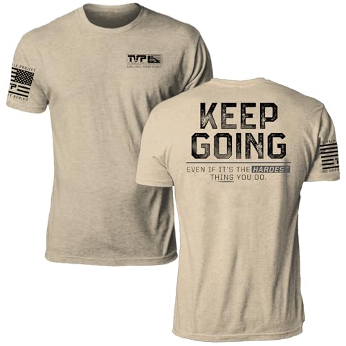 Til Valhalla Project Keep Going Graphic Tee | American Flag Gifts for Men | Mens Shirts for Gym & Fitness | T-Shirts for Men | Proudly Printed in The USA | Tan X-Large