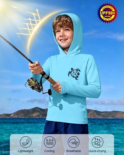 Image of Boys Rash Guard Swim Hoodie, Kids Long Sleeve Sun Fishing Shirts