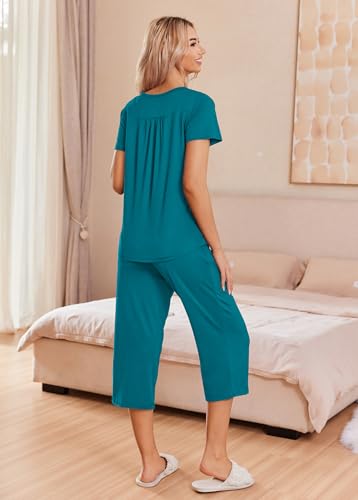 Image of Ekouaer Women's Pajama Sets Short Sleeve Sleepwear Button Up Pj Loungewear Top and Capri Pants with Pockets