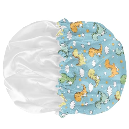 Image of Kids Satin Sleep Cap Boys Girls Sleeping Hat Beanie for Toddler Children Baby Elastic Band Hair Cover Frizzy Curly Hair Dinosaur Cloudy Print Cap Headwear