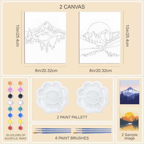 WEBEEDY 2 Pack Pre Drawn Stretched Canvas Kit Canvas Painting Pre Printed Canvas 20x25cm/8x10 Inch Pre Drawn Canvas for Painting for Adults Outline Canvas for Adult DIY Painting Mountain Landscape - Image 2