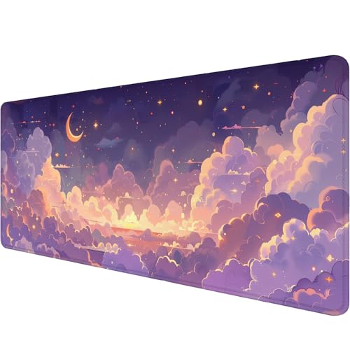 Bonita alfombrilla de mouse para juegos, Kawaii, rosa, morado, dorado, nubes, XL, grande, para juegos, laptop, teclado, escritorio, oficina, decoración del hogar, para mujeres y niñas, 31.5 x 11.8