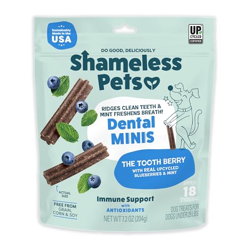 Shameless Pets Toothberry Dental Mini Chews for Dogs Natural Dog Dental Sticks for Fresh Breath Teeth Cleaning & Removes Tartar Grain-Free Dog Treats No Corn or Soy