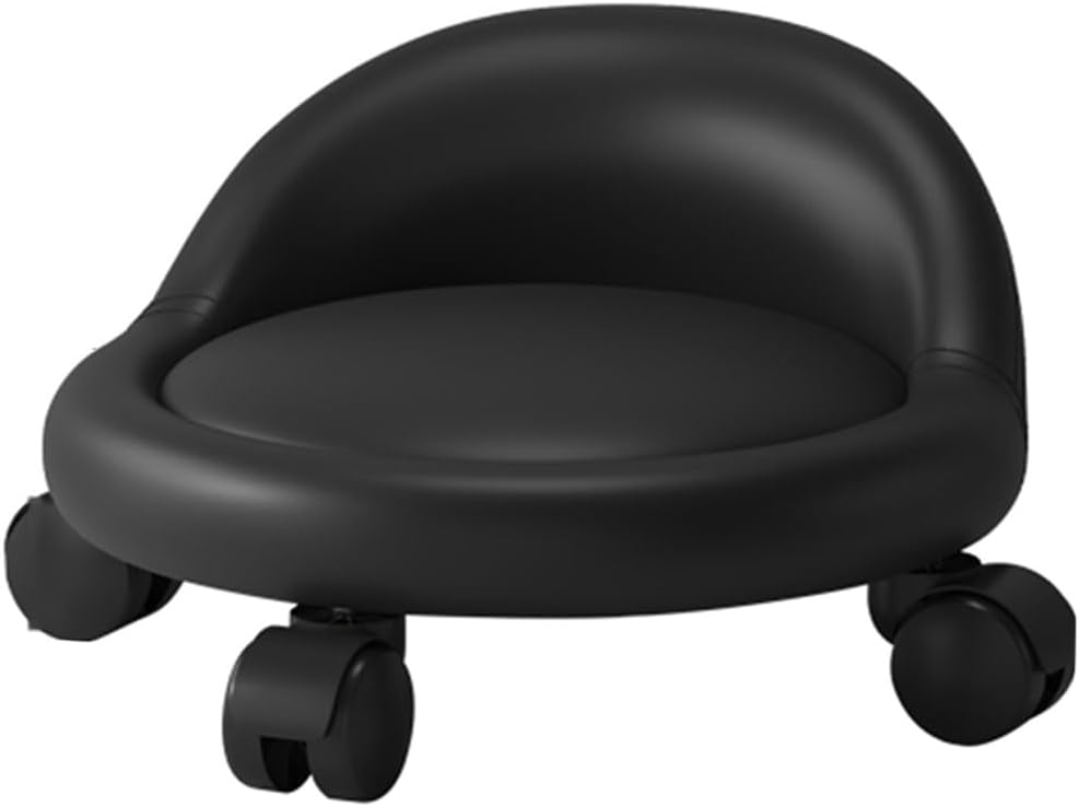 Low Roller Stool with 360° Swivel Wheels, Low-Height Short Rolling Stool Seat, PU Leather Small Mechanic Chair, Rolling Stools with Backrest for Pedicure, Garage, Shop, Library Black