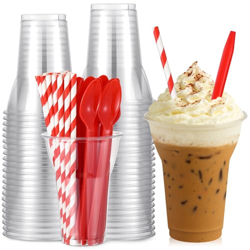 Baderke 25 Sets Plastic Parfait Cups with Red Plastic Soda Spoons and Paper Straws Disposable Root Beer Float Cups Clear Milkshake Mugs for Ice Cream Sundae Yogurt Party Drinks (12oz)